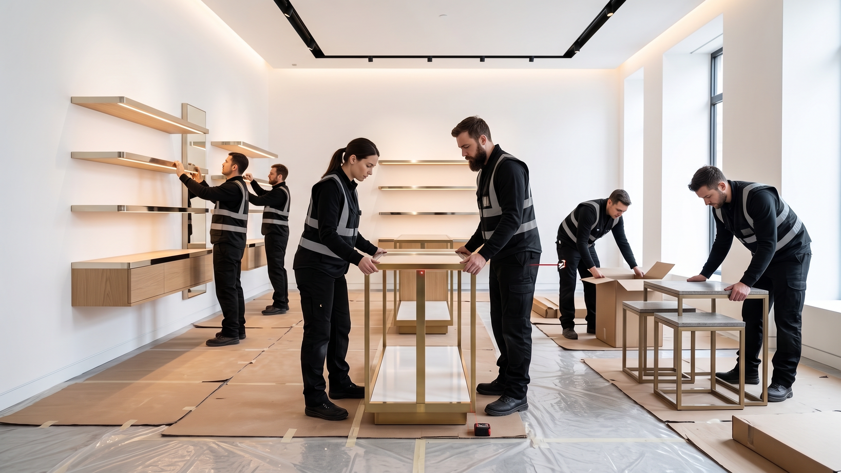 Equipo instalando mobiliario en una boutique